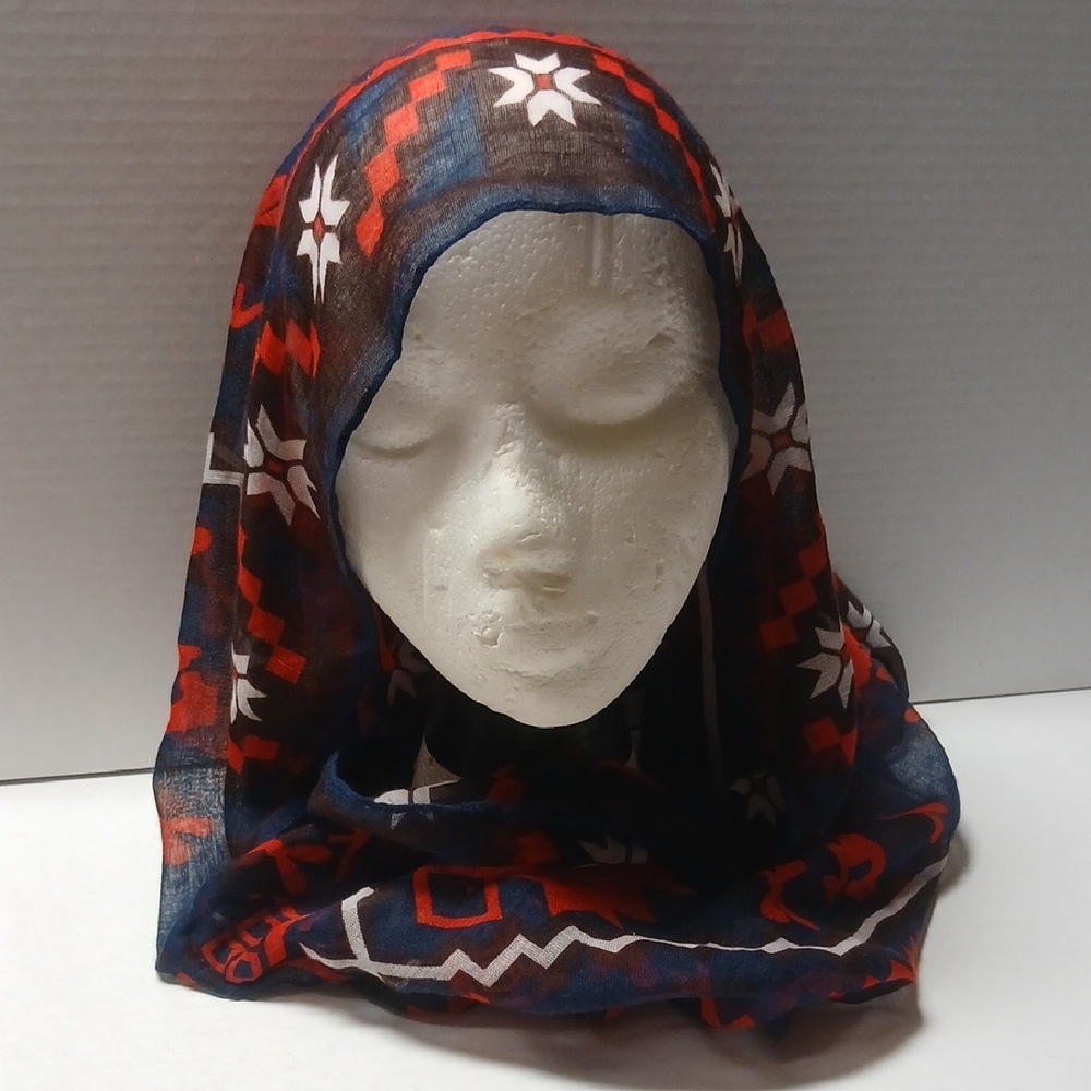 H Women Red Blue White Patterned Infinity Scarf NWOT